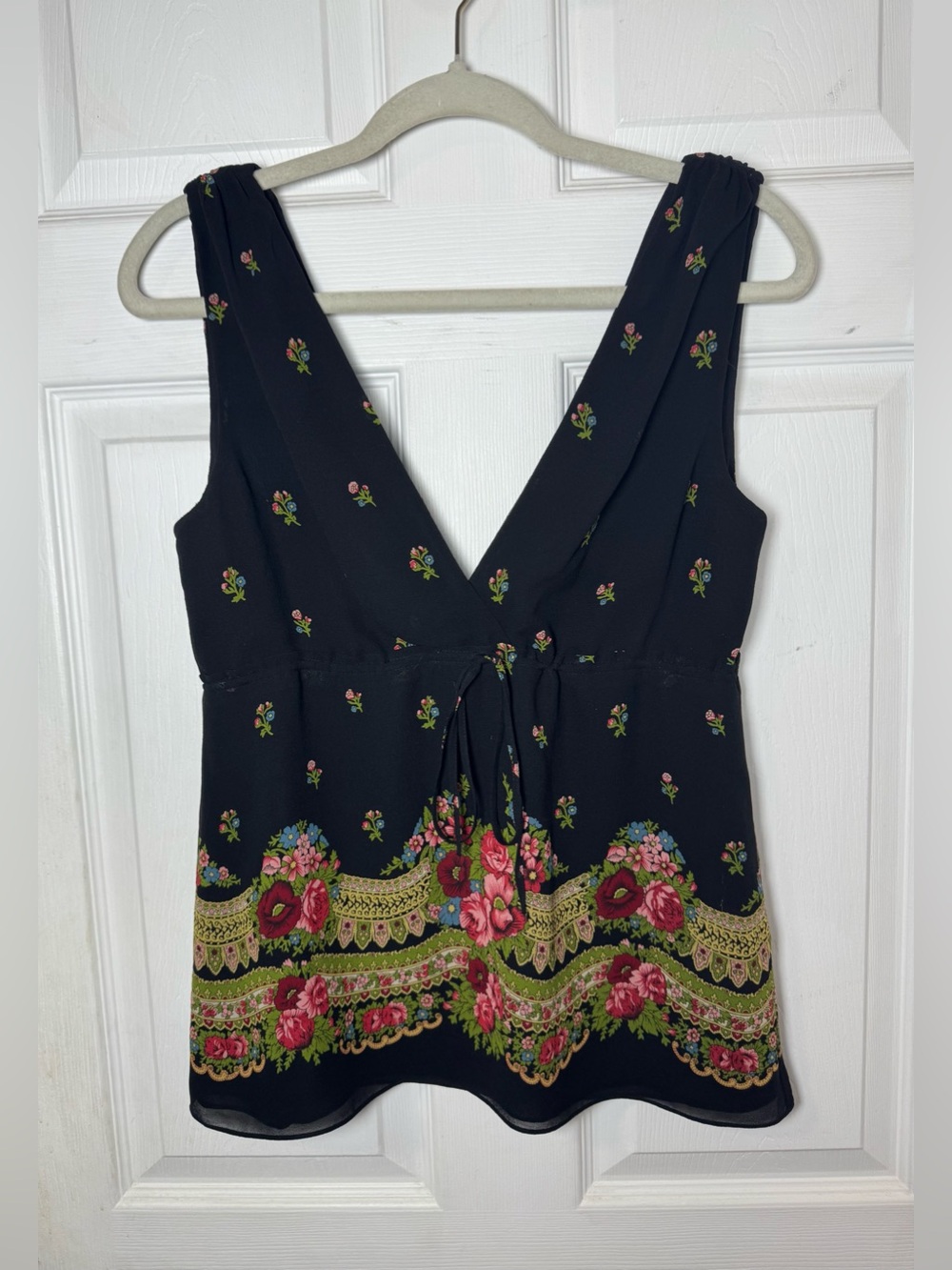 Y2K Silk Floral Babydoll Front Waist Tie Plunging V-Neck Sleeveless Top Coquette